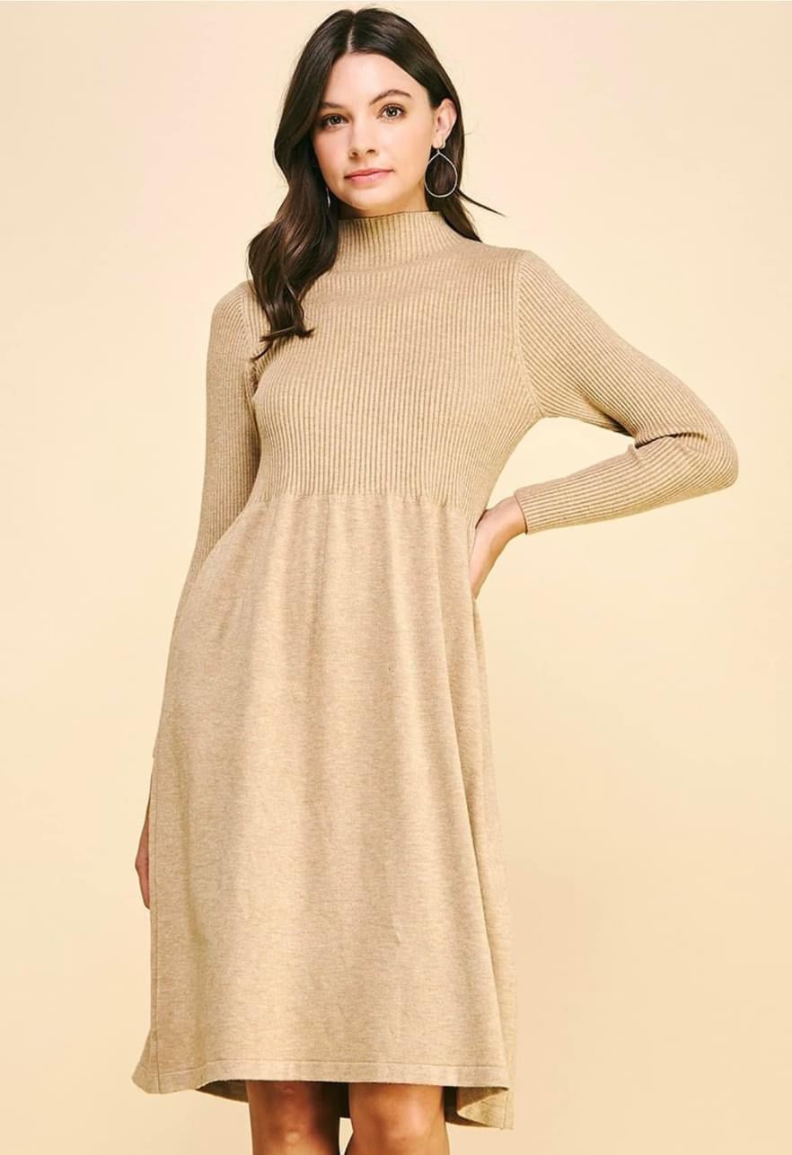 taupe sweater dress THANKSGIVING THIRTYWAY and belted waist for a flattering silhouette Tell You Everything Taupe Brown